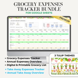 May include: A Google Sheets spreadsheet template for tracking grocery expenses. The spreadsheet includes sections for weekly and monthly budgets, a grocery list, and a take-away expenses tracker. The template features a tulip theme with a light green and white color scheme.