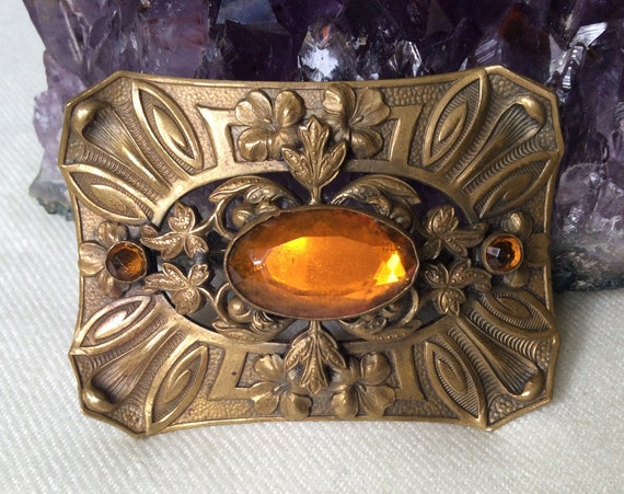 Belle Broche Ancienne En Ambre Sur Laiton Argenté – Vintage Et élégante