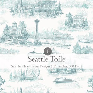 May include: A seamless, light blue and white Seattle Toile design featuring iconic landmarks like the Space Needle, buildings, and boats. The design includes the text "Seattle Toile" and is suitable for various applications.