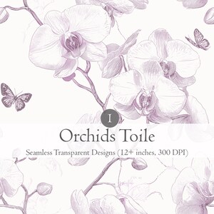 Orchideen Blumen Toile de Jouy, Nahtloses Muster, Hochzeit, Umschlag Liner, Salbei, Lila, Vintage Clipart, Stoff, Tapete, Transparent