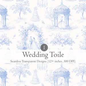 May include: A seamless, repeating pattern in blue and white, featuring a wedding theme. The design includes illustrations of a gazebo, wedding cake, trees, and a bride and groom. The text "Wedding Toile" is displayed below the central image.