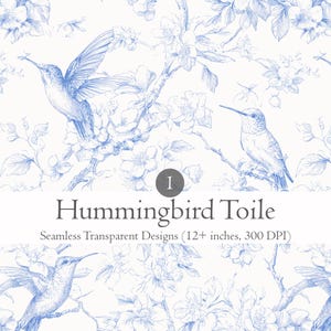 Puede incluir: Diseño sin costuras de Hummingbird Toile en azul y blanco. El diseño presenta ilustraciones detalladas de colibríes, flores y ramas. Se incluye el texto "Hummingbird Toile" y "Seamless Transparent Designs (12+ inches, 300 DPI)".