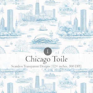Chicago Illinois Toile de Jouy, Seamless Pattern, The Bean, Cloud Gate, Navy Pier, Vintage Sky Blue & Grey, Clipart, Fabric, Wallpaper