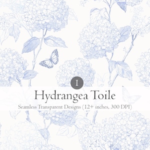 May include: A seamless design featuring blue hydrangea flowers and butterflies on a white background. The text "Hydrangea Toile" is displayed in a classic font. The design is described as seamless and transparent.
