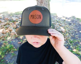 Custom Hat,Christmas Gift for Kid,Toddler Hat,Personalized Gift,Leather Patch Hat,Kids Trucker Hat,Boy Hat,Gift for Him,Birthday Gift