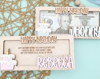 Personalized Birthday Money Holder, Custom Wooden Cash Gift, Balloon and Cake Money Card, Fun Gift Idea, Gift for Best Friend, Gift For Her