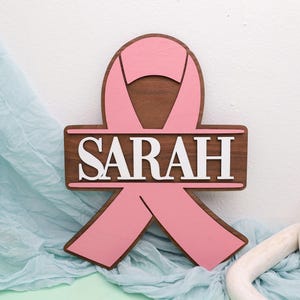 Breast Cancer Ribbon Name Sign, Personalized Wall Art for Awareness Events, Survivor Gift, Pink Ribbon Home Decor Keepsake, Awareness Sign