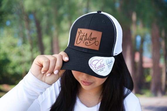 Cat Mom Hat,Custom Leather Patch Hat,Gift for Cat Mom,Summer Trucker Hat,Custom Hat for Cat Lovers,Pony Tail Hat,Cat Owner Gift,Mom Hat