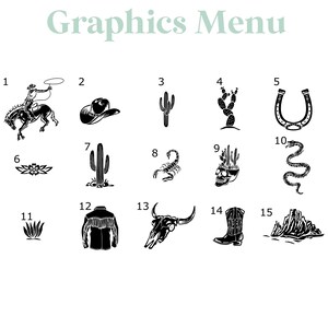 May include: A set of 15 black and white western-themed graphics. The graphics include a cowboy riding a horse, a cowboy hat, a cactus, a horseshoe, a snake, a scorpion, a skull, a mountain, a boot, and a flower.