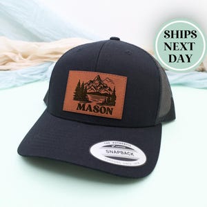 Personalized Mens Trucker Hat, Outdoor Adventure Cap, Camping Hat, Hiking Hat, Mountains Lake Design Hat, Custom Leather Patch Hat