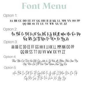 May include: Five different font options for the alphabet, displayed in white text on a light green background. The options are labelled "Option 1", "Option 2", "Option 3", "Option 4", and "Option 5".