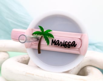 Summer Stanley Name Plate, Custom Tropical Palm Tree Topper, Custom Stanley Cup Accessory, Summer Name Plate Gift for Her, Stanley Accessory