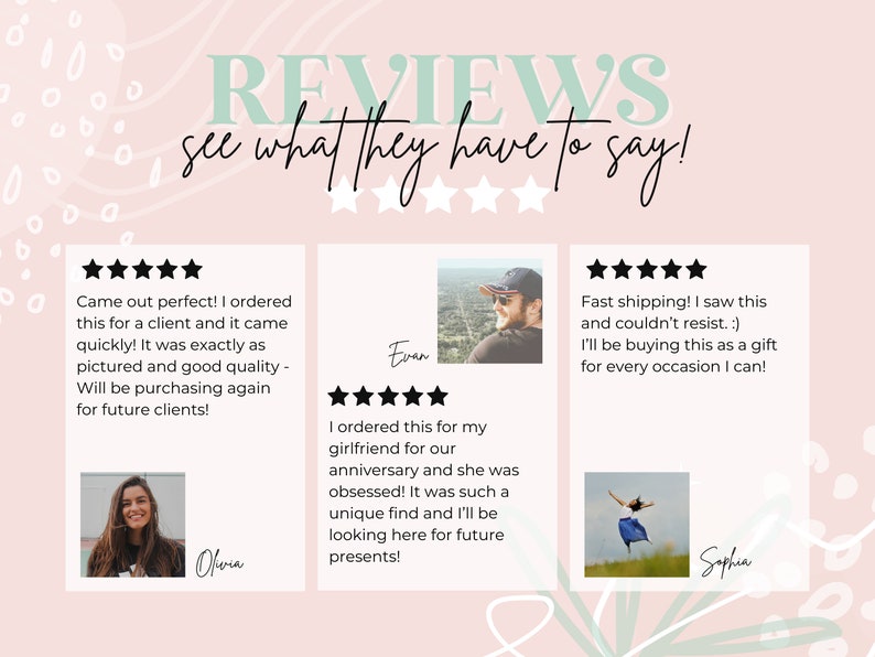 May include: Three customer reviews with five-star ratings and photos of the reviewers. The reviews highlight the quality, speed of delivery, and unique design of the product.