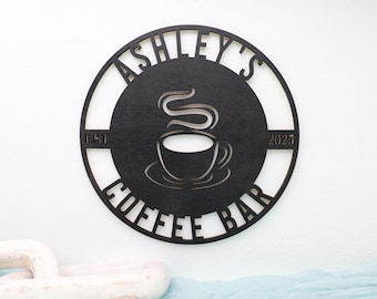 Personalized Coffee Bar Sign: Wooden Round Wall Décor for Kitchen or Café