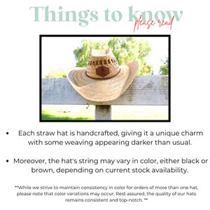 May include: A straw cowboy hat with a brown leather band and a woven design. The hat is hanging on a wooden fence post. The hat's string is black.  "Things to know please read" is written in green text above the hat.