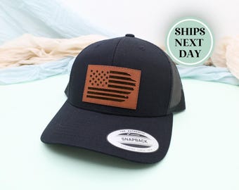 Distressed American Flag Hat, Men's Trucker Hat, Father's Day Gift, Husband Gift, USA Flag Cap, Patriotic Baseball Hat, Leather Patch Hat