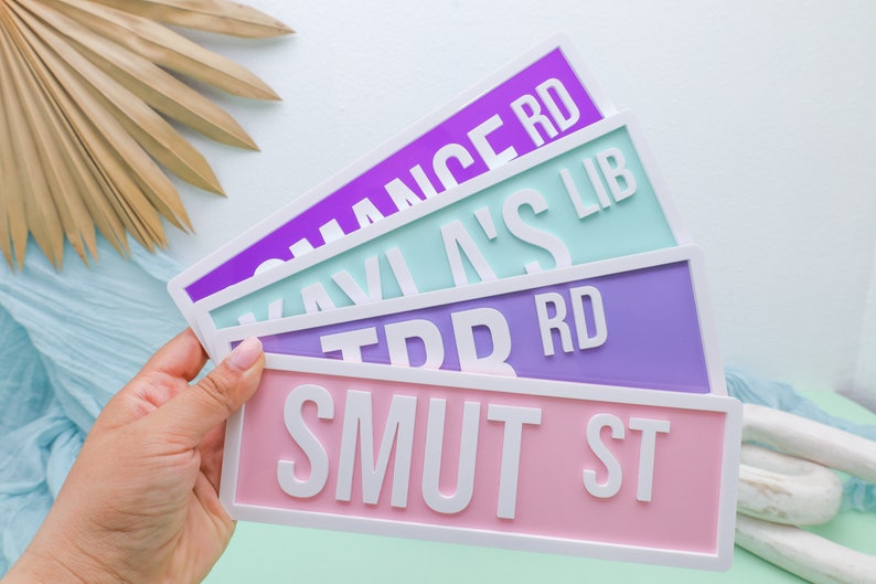 May include: Four colorful street signs with white lettering. The signs read "Chance Rd", "Kavi's Lib", "TDR Rd", and "Smut St".