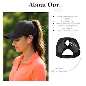May include: A black hat with a leopard print design. The hat has a pre-curved visor and a ponytail opening. The hat is structured with a six-panel, mid-profile design and a plastic snapback closure.