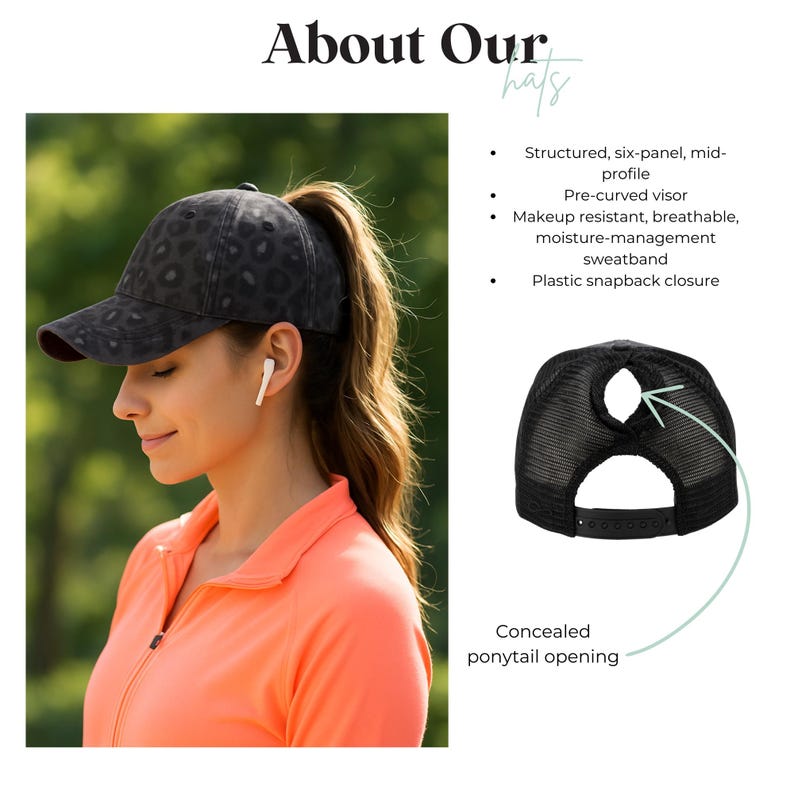 May include: A black hat with a leopard print design. The hat has a pre-curved visor and a ponytail opening. The hat is structured with a six-panel, mid-profile design and a plastic snapback closure.