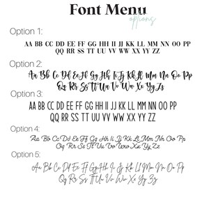 May include: A white background displays a "Font Menu" with five font options. Each option showcases the alphabet in uppercase and lowercase, demonstrating different styles, including serif and script fonts. The text is in black.