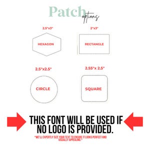 Pode incluir: S&atilde;o mostradas quatro formas diferentes de patch: um hex&aacute;gono, um ret&acirc;ngulo, um c&iacute;rculo e um quadrado. O texto "Patch Options" est&aacute; no topo da imagem. O texto "This font will be used if no logo is provided." est&aacute; na parte inferior da imagem. As dimens&otilde;es de cada forma s&atilde;o listadas em polegadas.