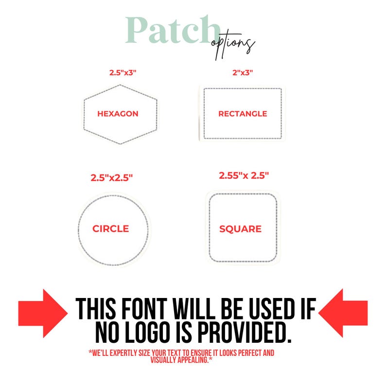 Pode incluir: S&atilde;o mostradas quatro formas diferentes de patch: um hex&aacute;gono, um ret&acirc;ngulo, um c&iacute;rculo e um quadrado. O texto "Patch Options" est&aacute; no topo da imagem. O texto "This font will be used if no logo is provided." est&aacute; na parte inferior da imagem. As dimens&otilde;es de cada forma s&atilde;o listadas em polegadas.