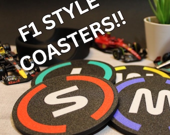 Posavasos estilo F1 con soporte – Set de regalo de automovilismo impreso en 3D (paquete de 5)