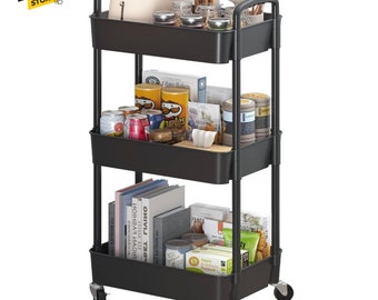 3-Tier Plastic Rolling Utility Cart with Handle, Multi-Functional Storage Trolley for Office, Living Room, Kitchen,Movable Storage Organizer