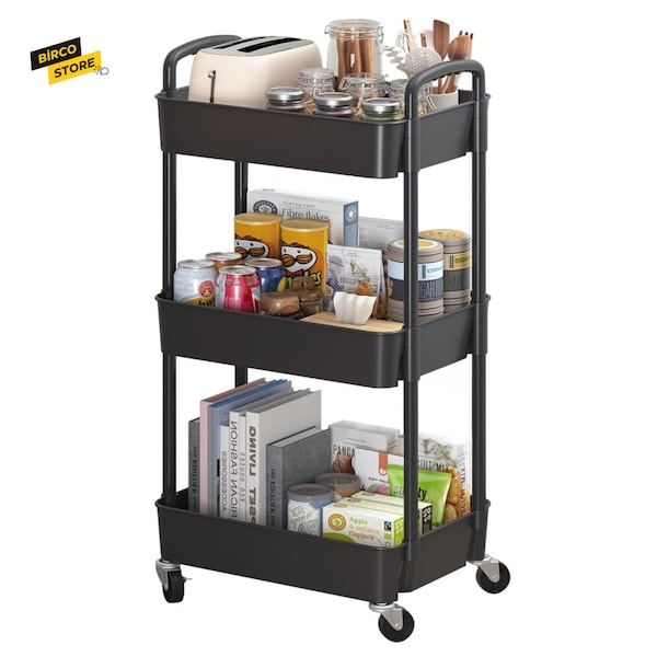 3-Tier Plastic Rolling Utility Cart with Handle, Multi-Functional Storage Trolley for Office, Living Room, Kitchen,Movable Storage Organizer
