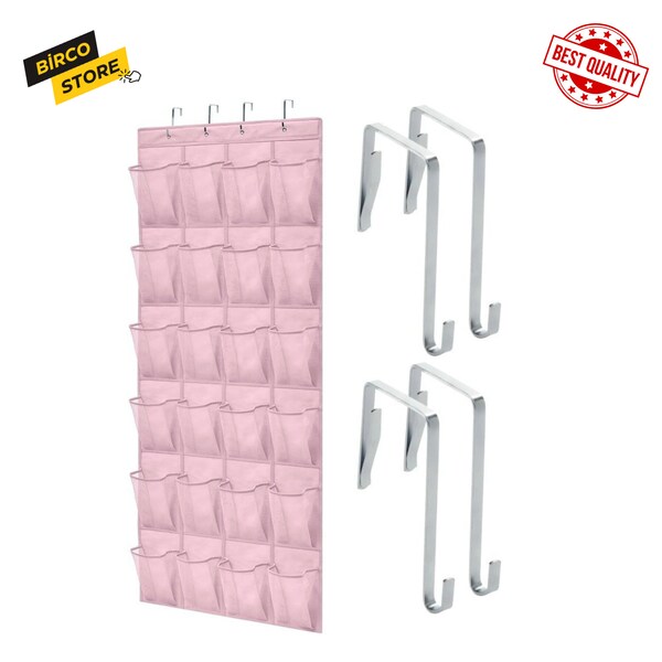 Slip Resistant Breathable Space Saving Mesh Large 24 Pocket Shoe Organizer, Up to 40 Pounds, Over the Door, Sturdy Closet Storage Rack-Pink