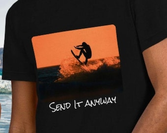 Sunset Surfer T-shirt Aerial Surfing Summer Beachy Vacation Vibes Minimal Tee Surfboard Coastal Retro Beachwear Air Surfing Send It Anyway