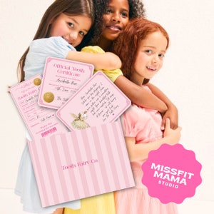 Plantilla Canva editable Descarga digital Mini Tarjetas de notas de hada de los dientes Certificado de recibo Paquete de kit de carta de primer diente Diseño de hada rosa