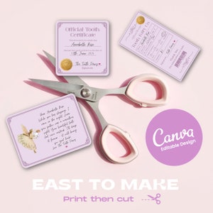 Modèle de toile modifiable en téléchargement numérique Mini cartes de correspondance de fée des dents Certificat de reçu Kit de lettre pour la première dent Bundle Design de fée violette
