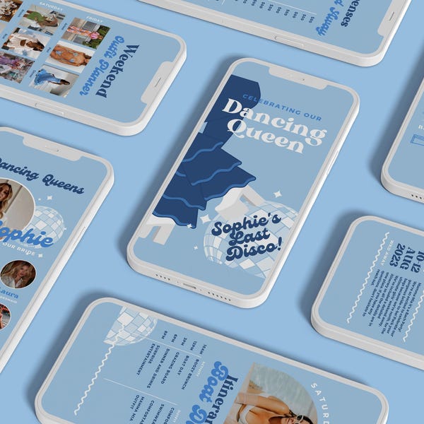 Canva-sjabloon - Dancing Queen digitaal weekendje weg reisplan kippen vrijgezellenfeest thema disco party Bach weekendje weg aangepaste bewerkbare
