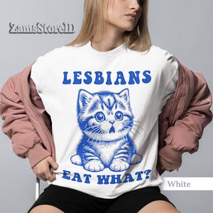 Vintage Lesbians Eat What?! Funny Offensive Cat Bootleg Shirt, Unhinged Shirt, Funny 90s Graphic Tee, Sarcastic Shirt, Silly Meme Shirt