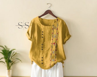 Summer Cotton Linen Women's Embroidery Shirts - Vintage Floral Short Sleeve Tops, Casual Beach Workwear Blouses, New Summer Plus Size