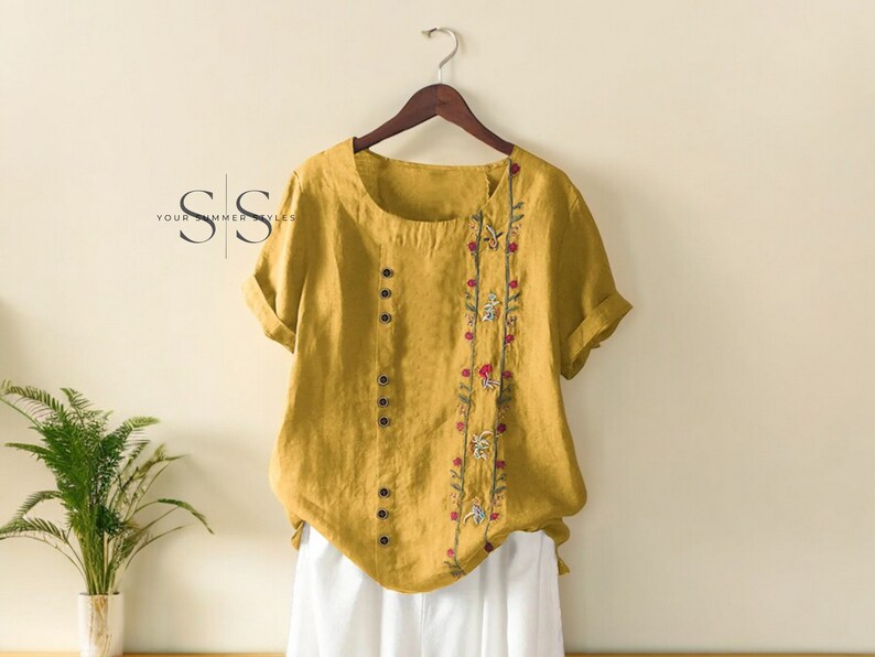 Summer Cotton Linen Women's Embroidery Shirts Vintage Floral Short Sleeve Tops, Casual Beach Workwear Blouses, New Summer Plus Size Żółty