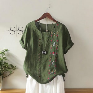 Summer Cotton Linen Women's Embroidery Shirts Vintage Floral Short Sleeve Tops, Casual Beach Workwear Blouses, New Summer Plus Size Zielony