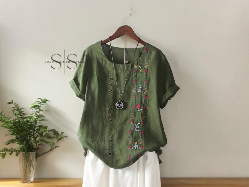 Summer Cotton Linen Women's Embroidery Shirts Vintage Floral Short Sleeve Tops, Casual Beach Workwear Blouses, New Summer Plus Size Zielony