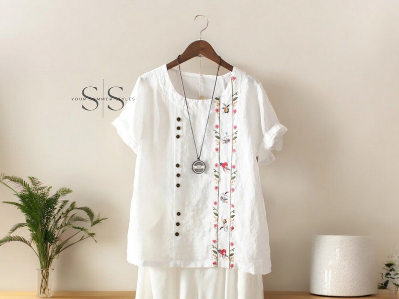 Summer Cotton Linen Women's Embroidery Shirts Vintage Floral Short Sleeve Tops, Casual Beach Workwear Blouses, New Summer Plus Size Biały