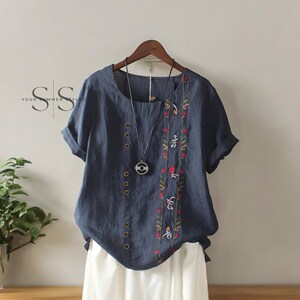 Summer Cotton Linen Women's Embroidery Shirts Vintage Floral Short Sleeve Tops, Casual Beach Workwear Blouses, New Summer Plus Size Dark