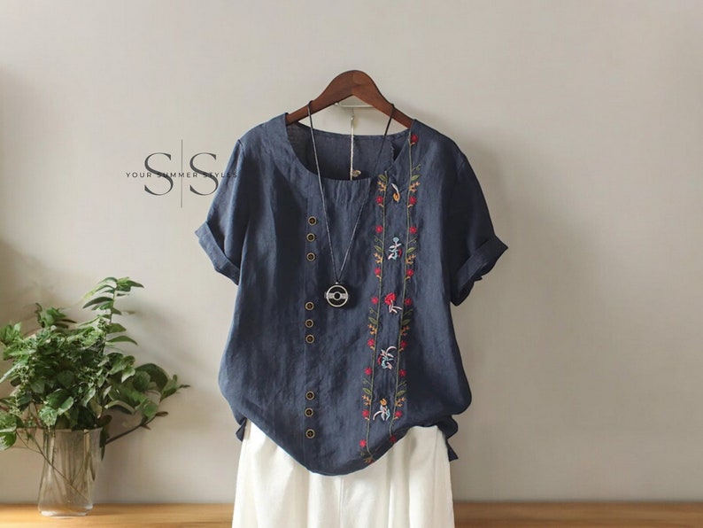 Summer Cotton Linen Women's Embroidery Shirts Vintage Floral Short Sleeve Tops, Casual Beach Workwear Blouses, New Summer Plus Size Dark