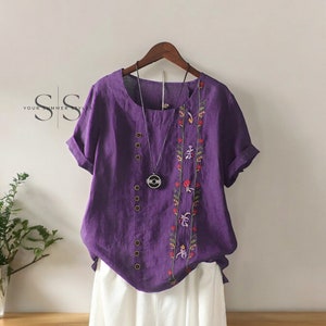 Summer Cotton Linen Women's Embroidery Shirts Vintage Floral Short Sleeve Tops, Casual Beach Workwear Blouses, New Summer Plus Size Purpurowy