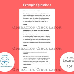 May include: A pink and white printable PDF document with the title "Example Questions" and the text "Operation Circulator" in a blue circle. The document contains interview questions for nursing students.
