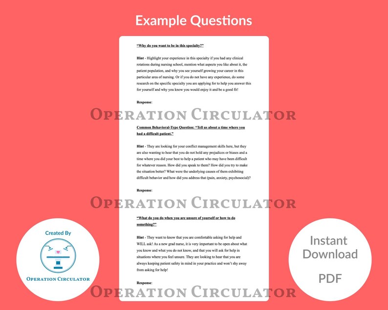 May include: A pink and white printable PDF document with the title "Example Questions" and the text "Operation Circulator" in a blue circle. The document contains interview questions for nursing students.