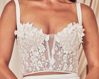 Bridal Bodice Unique Romantic 3D Floral Embellishment White Lace Up Straps