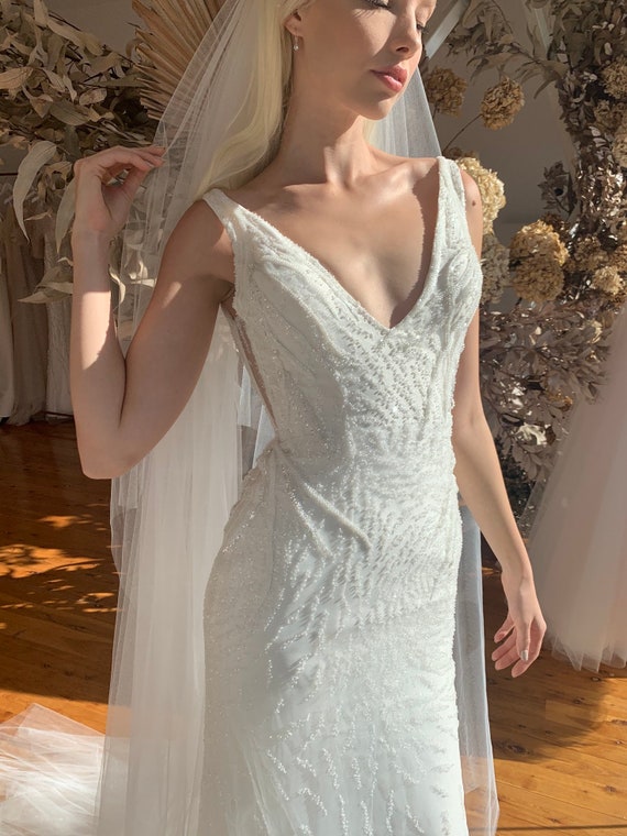 Beaded Wedding Dress With V Neckline and Fitted Skirt Bridal Gown Wedding Dress Fluted Skirt Etsy