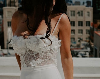 Bridal Bodice Unique Romantic 3D Floral Embellishment White Lace Up