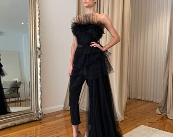 Couture Set Unique Romantic Black Tulle Hand Draped Pants Top