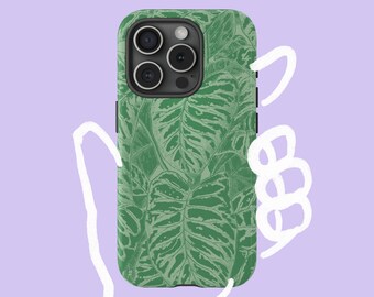 May include: Green phone case with a leafy pattern. The case has a black camera bump with three lenses.